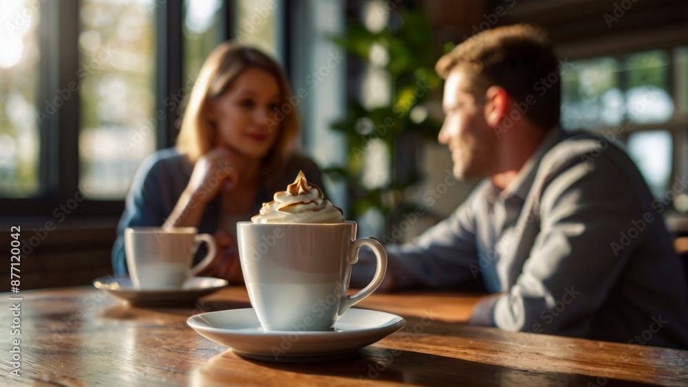 Coffee cups centered on a table, sharply in focus, while a couple in the background is intentionally blurred, creating a serene ambiance of relaxation. The foreground captures the essence of a moment Coffee cups centered on a table, sharply in focus, while a couple in the background is intentionally blurred, creating a serene ambiance of relaxation. The foreground captures the essence of a moment