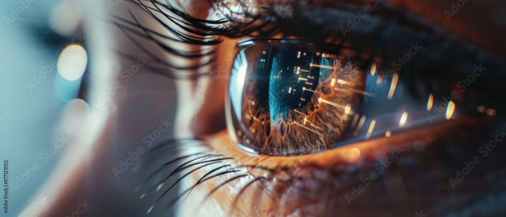 A close-up of a human eye reflecting lights, highlighting the intricate details and beauty within. Capturing focus and depth of emotion. A close-up of a human eye reflecting lights, highlighting the intricate details and beauty within. Capturing focus and depth of emotion.