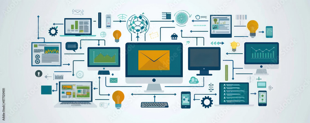 A computer monitor displays a message on a screen. The message is an email, and the monitor is connected to a network of other computers. Concept of a busy A computer monitor displays a message on a screen. The message is an email, and the monitor is connected to a network of other computers. Concept of a busy