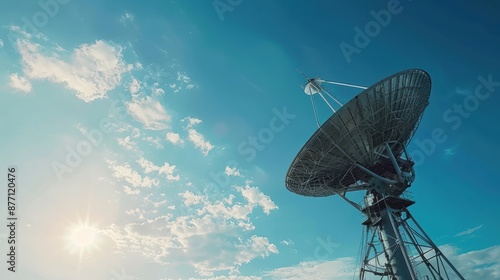 A large satellite dish antenna against a clear blue sky with scattered clouds, capturing signals for communication and broadcasting purposes.