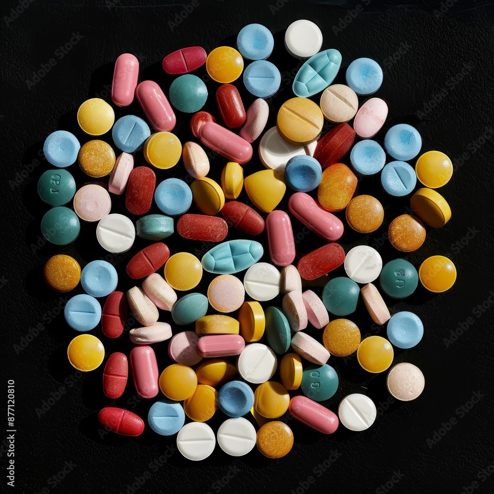 a colourful cluster of ecstasy pills, seen from above, on a black background a colourful cluster of ecstasy pills, seen from above, on a black background