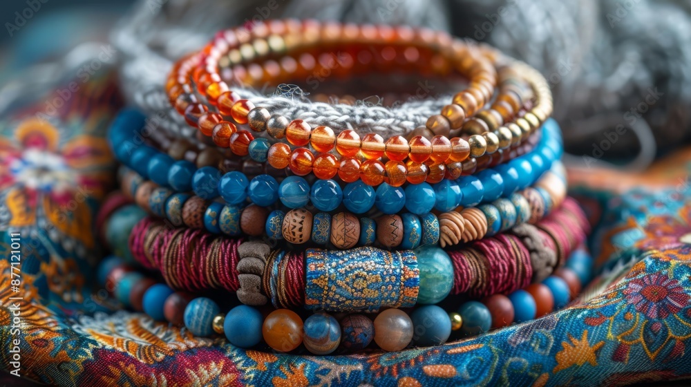 Layered bracelets displayed on a bohemian patterned fabric with colorful beads, jewelry product photoshoot Layered bracelets displayed on a bohemian patterned fabric with colorful beads, jewelry product photoshoot