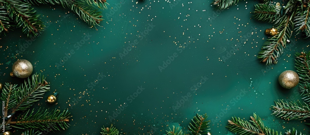 A vibrant green background featuring fir branches adorned with golden and silver ornaments, perfect for showcasing a copy space image in a flat lay style. A vibrant green background featuring fir branches adorned with golden and silver ornaments, perfect for showcasing a copy space image in a flat lay style.
