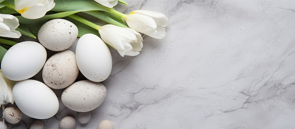 Spring and Easter theme displayed with gorgeous white tulips, vibrant quail eggs nestled in a nest, all on a light gray stone backdrop providing copy space image. Spring and Easter theme displayed with gorgeous white tulips, vibrant quail eggs nestled in a nest, all on a light gray stone backdrop providing copy space image.