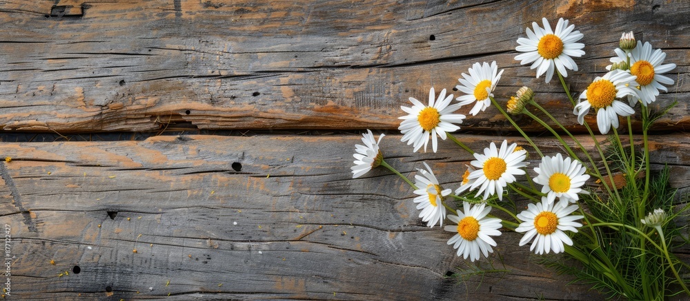 Obraz premium View from the top of a wooden table with a bouquet of chamomile flowers, featuring selective focus and a clear background for adding text or other elements - copy space image.