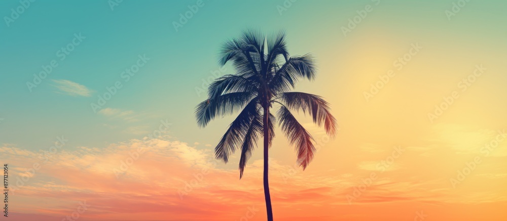 Silhouette of a tropical palm tree against a sunset sky with a cloudy abstract background creates a serene copy space image evoking a sense of summer vacation, nature travel, vintage filter style. Silhouette of a tropical palm tree against a sunset sky with a cloudy abstract background creates a serene copy space image evoking a sense of summer vacation, nature travel, vintage filter style.