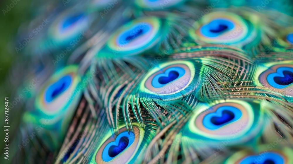 Obraz premium A tight shot of a peacock's feathers displaying a blue heart in their midst