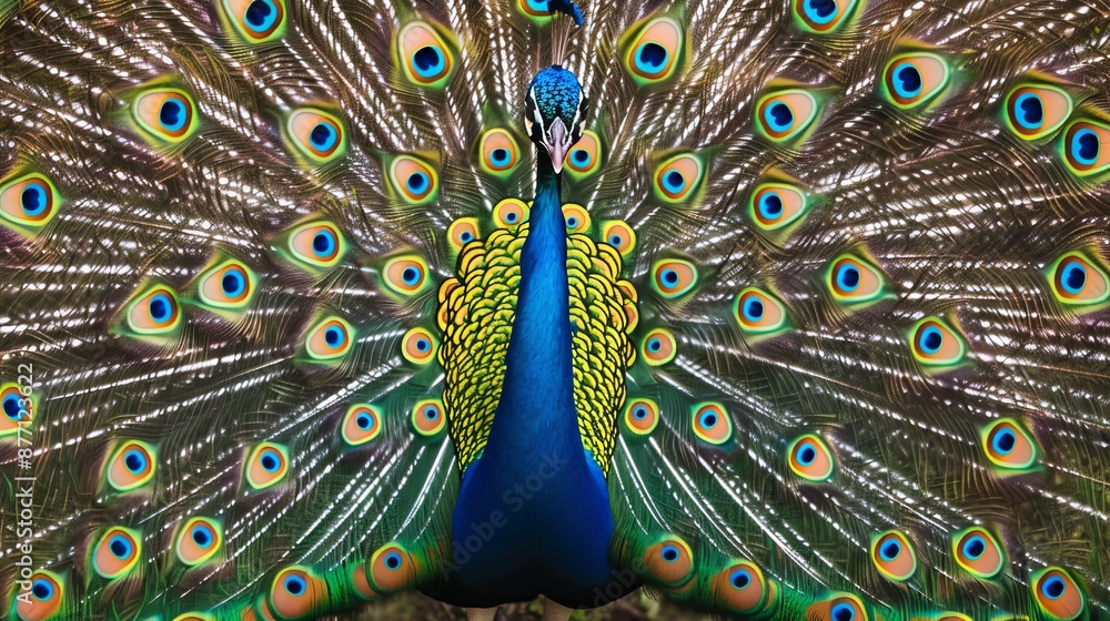 Obraz premium A close-up of a peacock's spread-out tail with feathers fully fanned