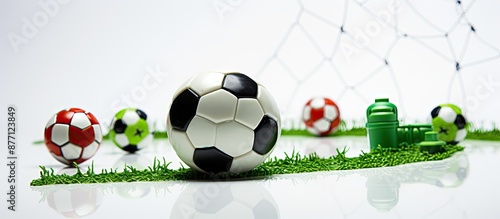 Toy soccer ball and football gates with selective focus on a green field against a white backdrop, representing the sports betting concept with copy space image. photo