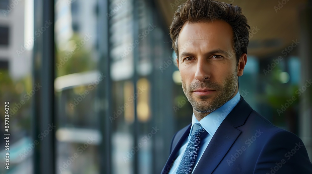A confident man in a suit stands in front of a window looking directly at the camera. A confident man in a suit stands in front of a window looking directly at the camera.