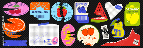 A set of stickers with fruit. Torn stickers, patches, price tags, barcodes and torn paper. Trendy retro design, collage style. Checkered background with imitation png illustration.