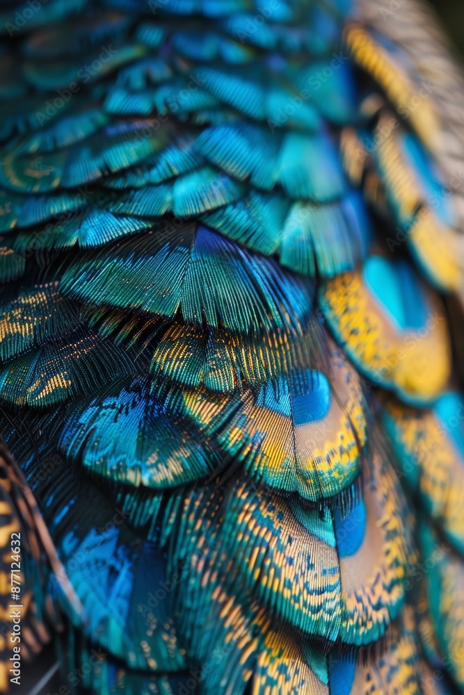 A tight shot of a peacock's back displaying blue, yellow, and green feathers A tight shot of a peacock's back displaying blue, yellow, and green feathers