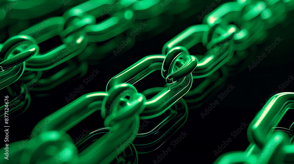Close-up of metal chain links illuminated by green light, symbolizing blockchain technology and digital innovation. Close-up of metal chain links illuminated by green light, symbolizing blockchain technology and digital innovation.