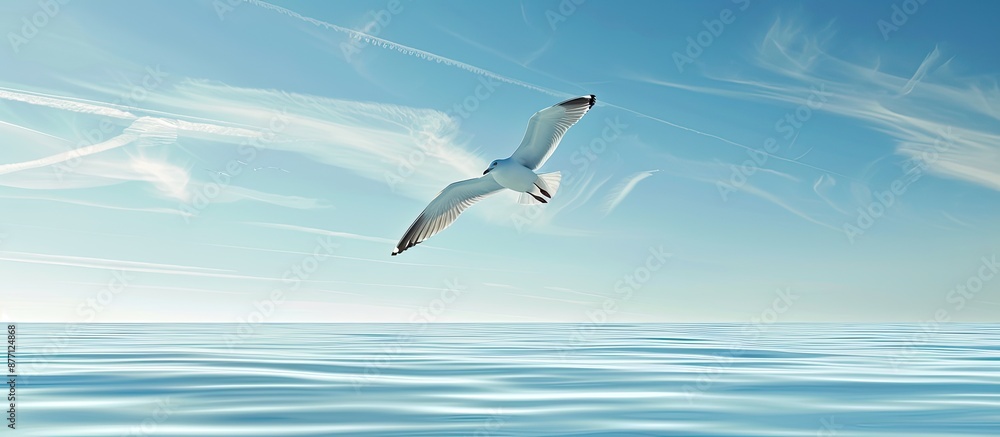 A seagull soaring gracefully above the ocean with a clear blue sky background in a copy space image. A seagull soaring gracefully above the ocean with a clear blue sky background in a copy space image.