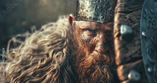 Gallowglass warrior, Norse-Gaelic clans of Ireland and Scotland, muscular and with battle scars, walking in the battlefield  photo