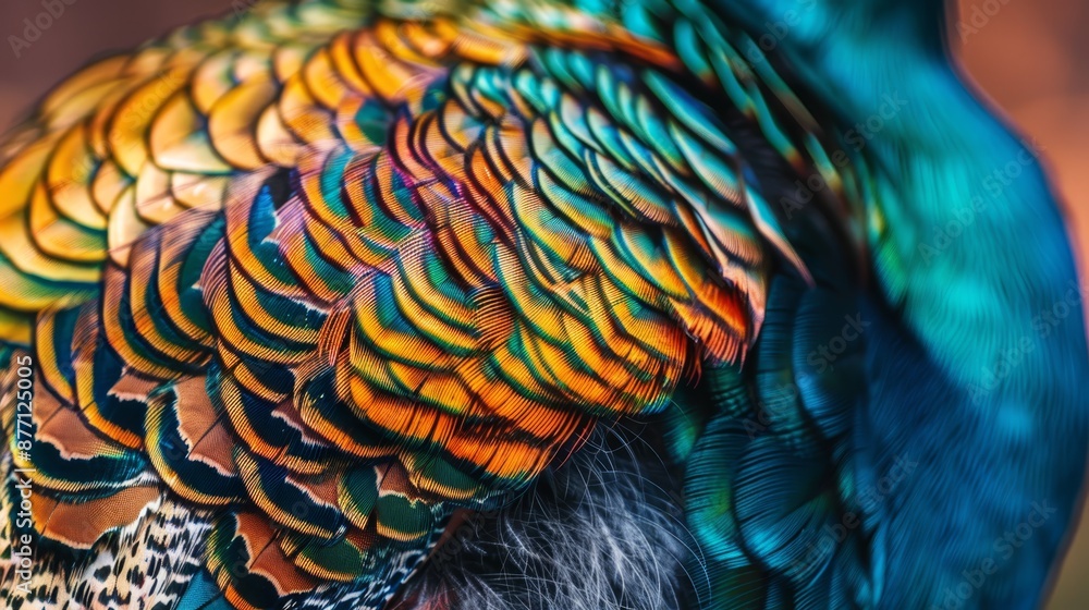 Obraz premium A tight shot of a vibrant bird, adorned with hues of feathers on its back and covering its entire form