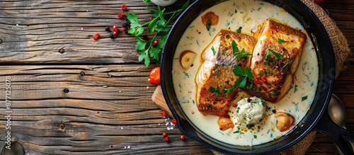 A healthy fish meal with quenelles in white sauce on a rustic table with copy space image in top view. photo