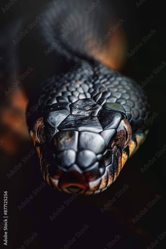  A tight shot of a snake's head with its mouth agape and tongue extended