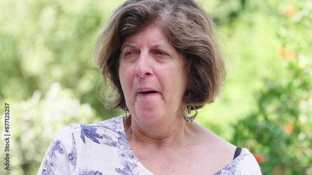 An elderly woman in a light shirt yawns against a green nature background, showing signs of fatigue and boredom in an outdoor setting An elderly woman in a light shirt yawns against a green nature background, showing signs of fatigue and boredom in an outdoor setting