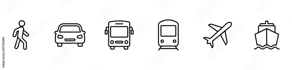 Transport line icons set. Auto, bus, train, ship, plane and on foot. Public, travel and delivery transport icons. Vector illustration. Transport line icons set. Auto, bus, train, ship, plane and on foot. Public, travel and delivery transport icons. Vector illustration.