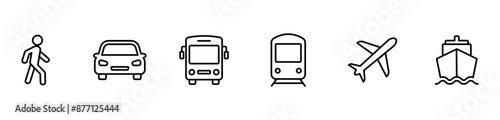 Transport line icons set. Auto, bus, train, ship, plane and on foot. Public, travel and delivery transport icons. Vector illustration.