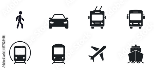 Transport icons set. Auto, bus, trolleybus, subway, train, ship, plane and on foot. Public, travel and delivery transport icons. Vector illustration.
