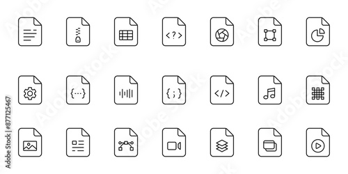 File type line icons. File formats in flat design. File and documents extensions. Icons for ui. Vector illustration.