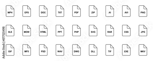 File type line icons. File formats in flat design. File and documents extensions. Icons for ui. Vector illustration.