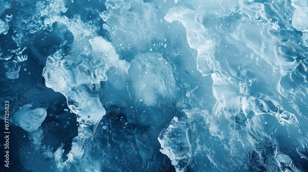 Detailed view of ice floating in water texture background image. Icy coldness. Frozen cool blue surface photo backdrop wallpaper realistic. Magical wintery concept photorealistic