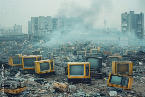 Piles of discarded electronic devices, old computers, and broken gadgets in garbage dump landscape  photo