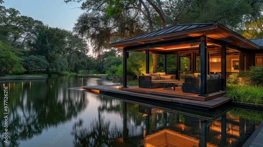 Modern House With Glass Walls By A Lake At Sunset Modern House With Glass Walls By A Lake At Sunset