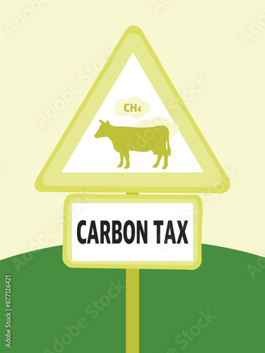 Warning Sign About Livestock Carbon Tax: Concept Illustration of Imposing Carbon Tax on Methane Emissions from Raising Livestock