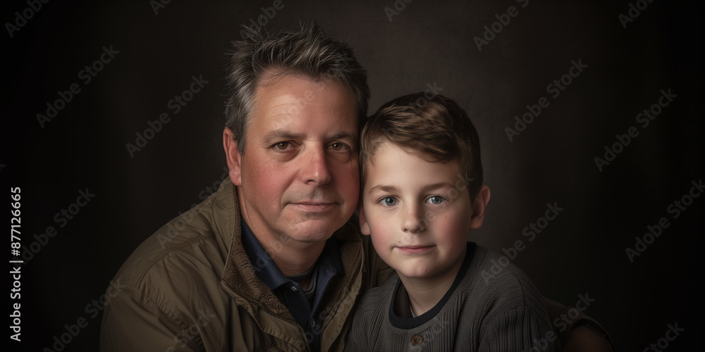 Father and Son Posing Together in Studio Portrait with Neutral Expressions Father and Son Posing Together in Studio Portrait with Neutral Expressions