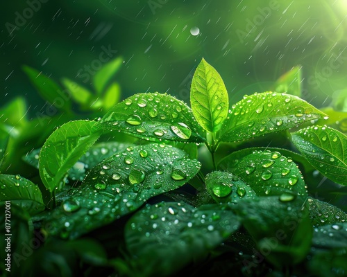 Water Droplets on Green Leaves After Rain A Beautiful Display of Nature's Life-Giving Essence, Capturing the Tranquility of a Dew-Covered Morning