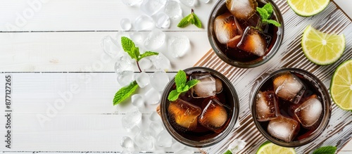 Top view of two glasses of cola with ice, mint, and lime on a white wood board, creating a border around the copy space image. photo