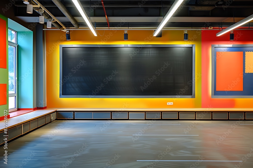 An empty blackboard in a classroom with sleek, minimalist design, bright lighting, and colorful educational posters An empty blackboard in a classroom with sleek, minimalist design, bright lighting, and colorful educational posters