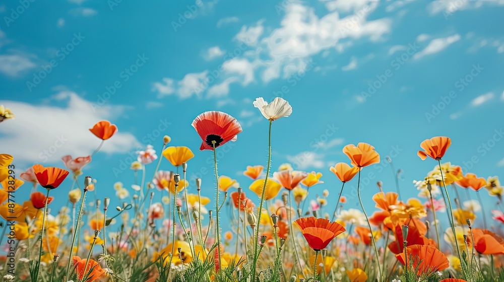 Fototapeta premium Colorful poppy fields in California, USA, under a bright blue sky