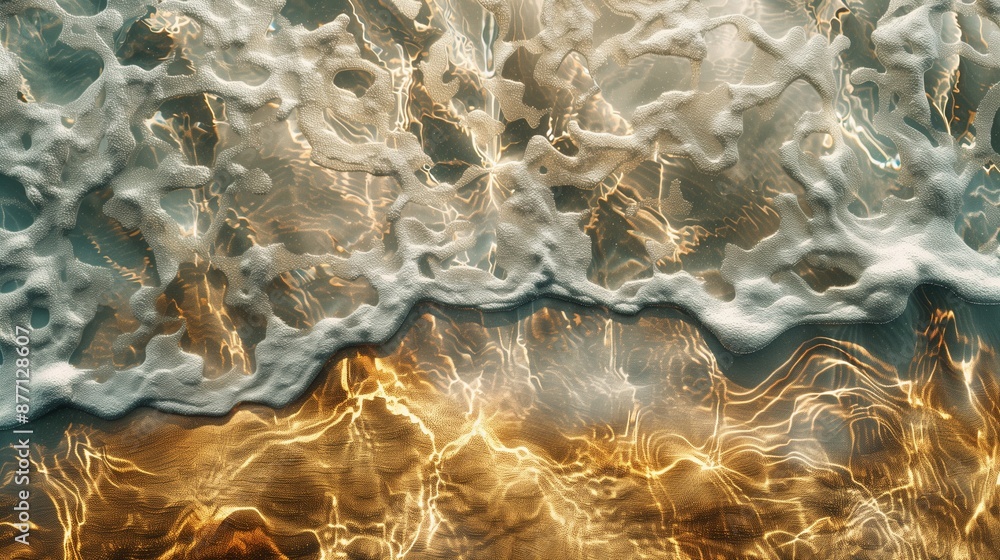 Frothy white foam over golden water texture background image. Interplay of foam and liquid photo backdrop wallpaper realistic. Dynamic and visually striking concept photorealistic
