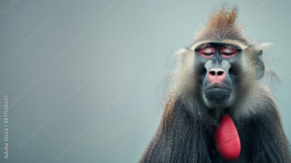 Fototapeta premium A monkey, up close, holds a red frisbee in its mouth against a blurred backdrop