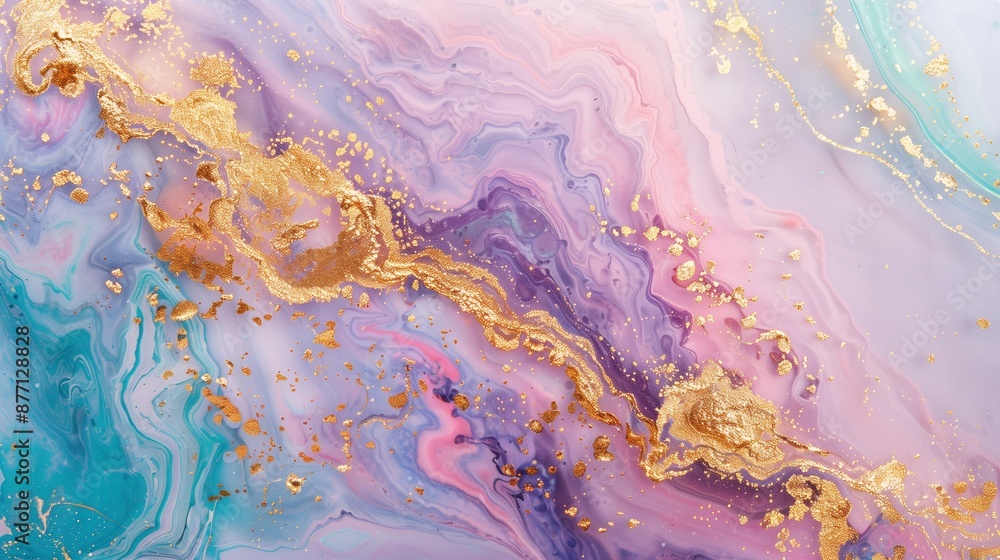Fototapeta premium Fluid swirls of pink, purple, turquoise texture background image. Shimmering gold highlights photo backdrop wallpaper realistic. Dynamic and visually captivating concept photorealistic