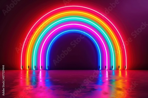 A vibrant neon rainbow arching over a glossy, reflective surface with glowing, colorful lights creating a vivid, mesmerizing display.