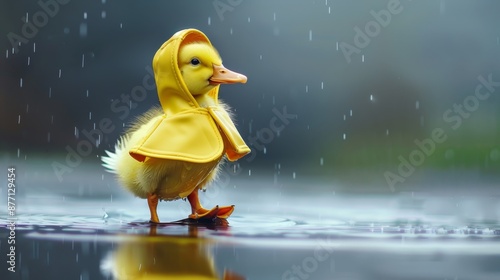  A yellow duck, donned in a matching raincoat, stands in the rain with its head tilted to the side Feet submerged