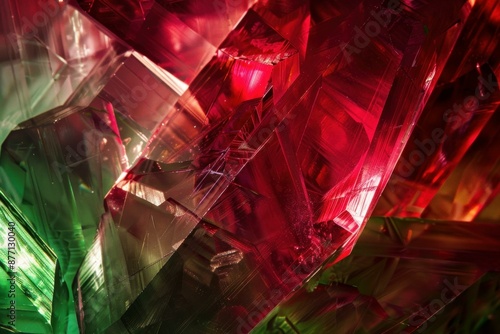 Closeup of colorful crystal facets with a striking red and green glow photo