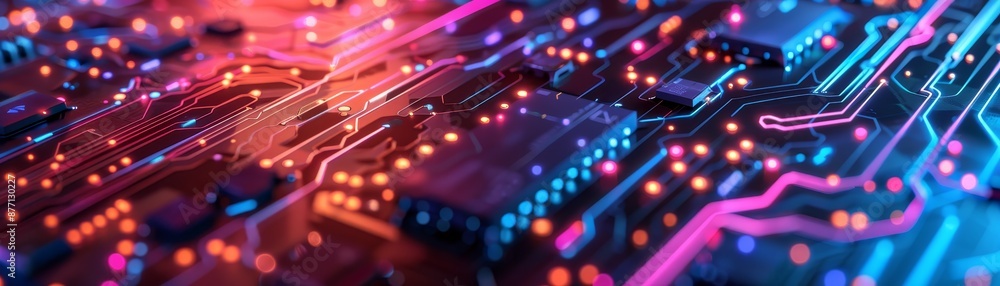 Close-up of a colorful and futuristic circuit board with glowing neon lights, showcasing advanced technology and intricate electronic components. Close-up of a colorful and futuristic circuit board with glowing neon lights, showcasing advanced technology and intricate electronic components.