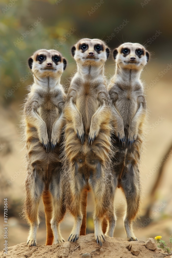 Fototapeta premium Three meerkats aligned on a dirt mound, trees behind them