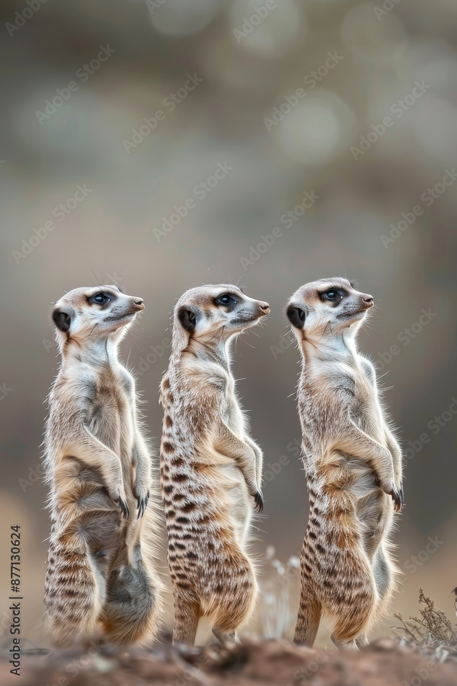 Fototapeta premium Three meerkats aligned on a dirt mound, against a hazy backdrop