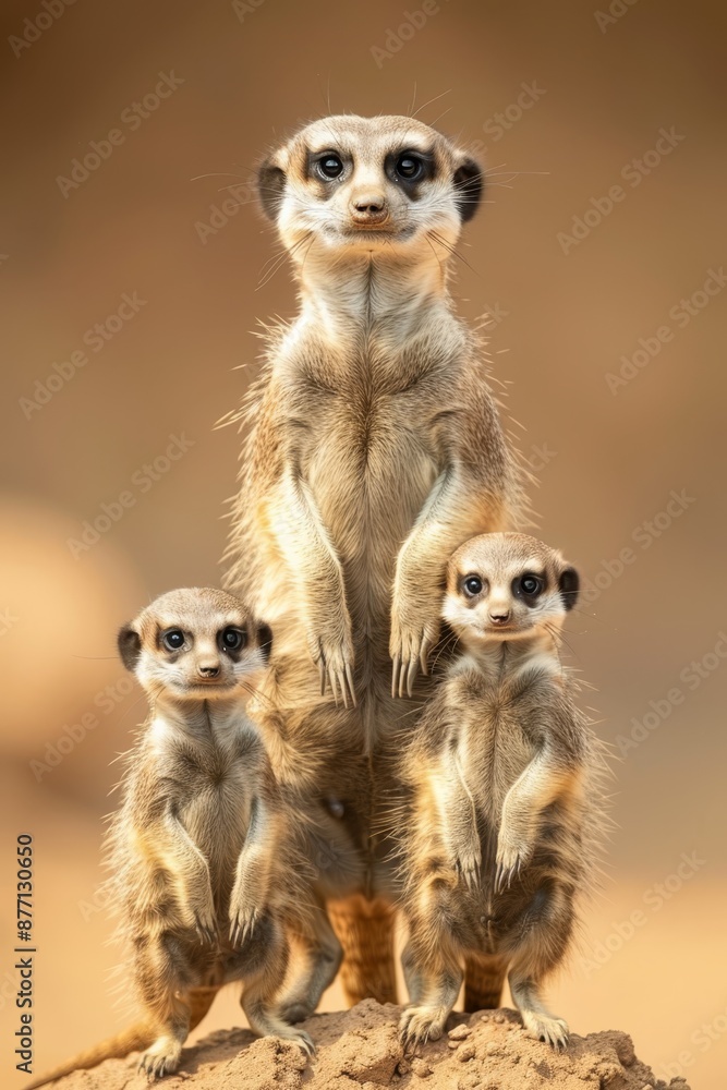 Fototapeta premium Three meerkats atop a mound, stacked in ascending order