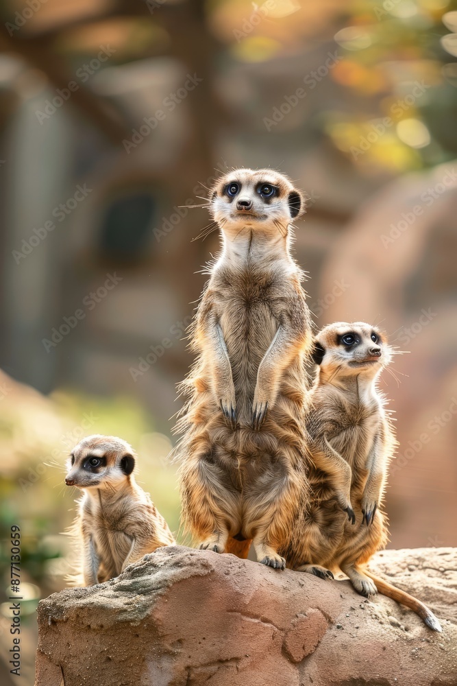 Three meerkats atop a rock, before a solitary tree and a rocky cliff Three meerkats atop a rock, before a solitary tree and a rocky cliff