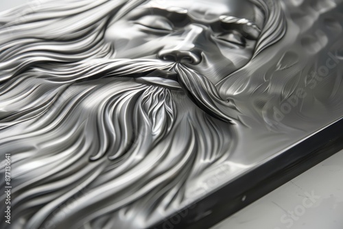 Detailed 3D metallic relief of a man's face with a flowing beard, showcasing exquisite artistry and fine craftsmanship.