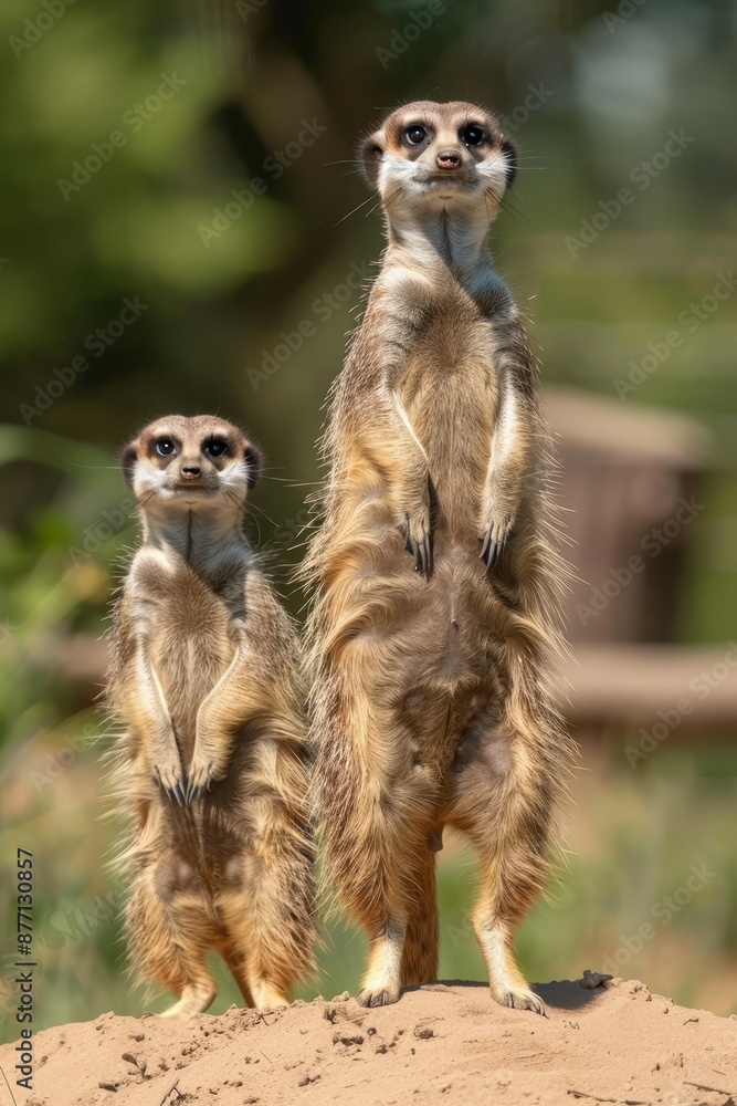 A couple of meerkats atop a dirt mound, facing a fence enclosure A couple of meerkats atop a dirt mound, facing a fence enclosure